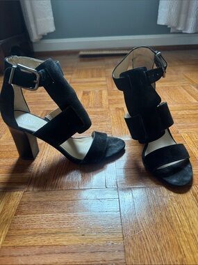 Via Spiga Black Suede Triple-Strap Block Heel Sandals